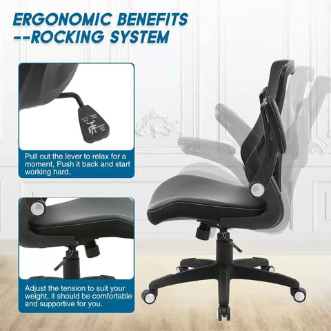 All Day Comfort Ergonomic Office Chair with Swivel Mesh Back PU Leather Seat adjustable lumbar close-up and side view
