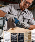 Diagtree titanium oscillating saw blades in use by worker; blue multitool cutting wood in workshop; safety glasses.