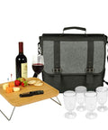 Easy Peasy Insulated Wine Tote And Cheese Set For Four With Glasses And Bamboo Serving Board, gray polycanvas carrier with wine and snacks.