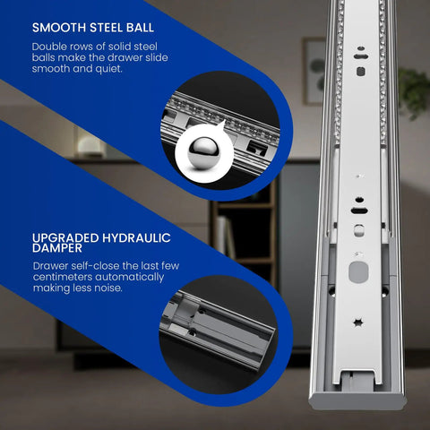 Close-up of 22 Inch Heavy Duty Soft Close Drawer Slides Set, showing ball bearing and hydraulic damper for smooth functionality.