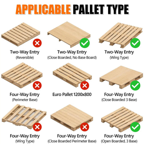 Applicable pallet types demonstrating two-way and four-way entries for heavy duty electric pallet stacker use.