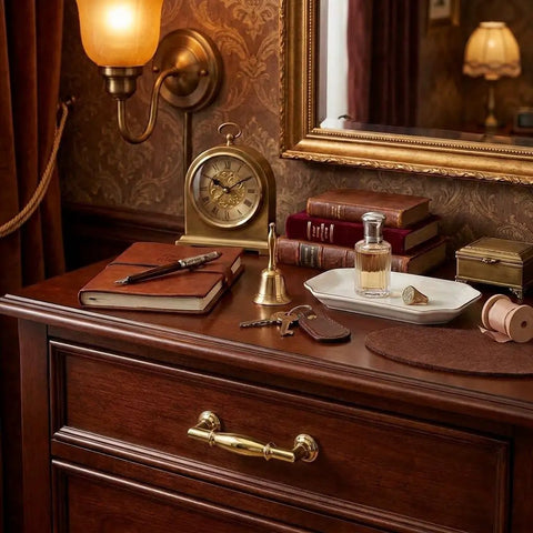 Close-up of Ten Pack Polished Brass Cabinet Pulls Featuring Three Inch Hole Centers on a wooden drawer with antique decor.