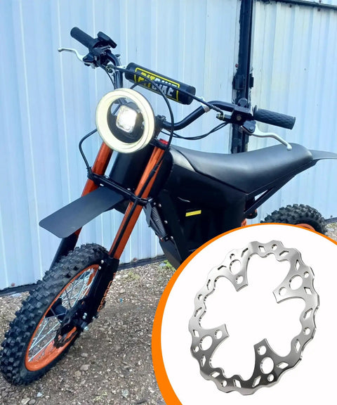 Front Brake Disc Rotor For Tuttio Soleil 01 Electric Bike Top Notch Performance Alloy Rotor beside an electric bike in outdoor setting