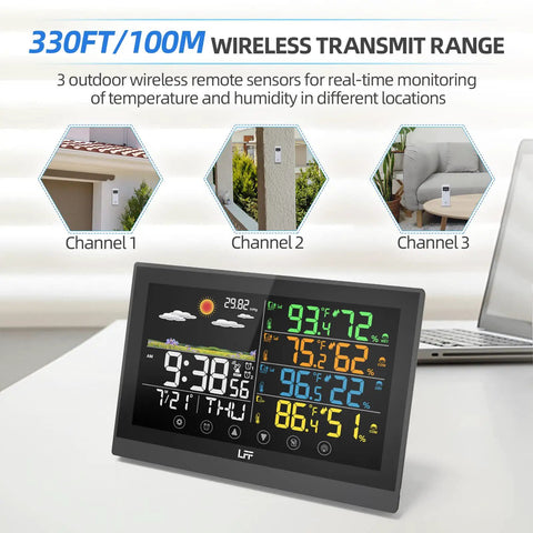 All In One Indoor Outdoor Weather Station With Three Wireless Sensors, Color Display, Digital Atomic Clock, 330 Feet Sensor Range shown