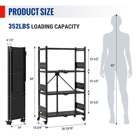 4-Tier Folding Metal Storage Rack With Wheels No-Assembly Heavy Duty Shelving Unit 600 Lb Capacity Collapsible and Mobile Organizer for Kitchen Pantry Bathroom and Closet Easy Setup, 44in tall, folded