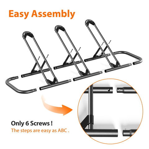 Bike Floor Storage Rack For Garage And Outdoor Parking, Sturdy Steel Stand With 3 Slot Wheel Holders in assembly process