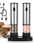 2 Pack Rechargeable Electric Salt And Pepper Grinder Set With USB Type C Charging, stainless steel finish, two charging cables