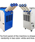 Rock Solid 220V Portable Air Conditioner With 22000 Btu Cooling Power, featuring blue and white color panels, designed for versatile cooling.