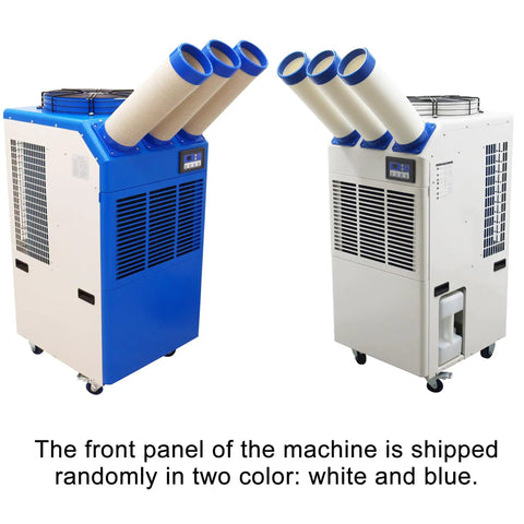 Rock Solid 220V Portable Air Conditioner With 22000 Btu Cooling Power, featuring blue and white color panels, designed for versatile cooling.