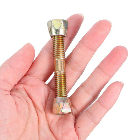 Heavy Duty Swing Hanger Kit With Shock Absorption Swivel Brackets And Bolts showing steel bolt in hand for size reference