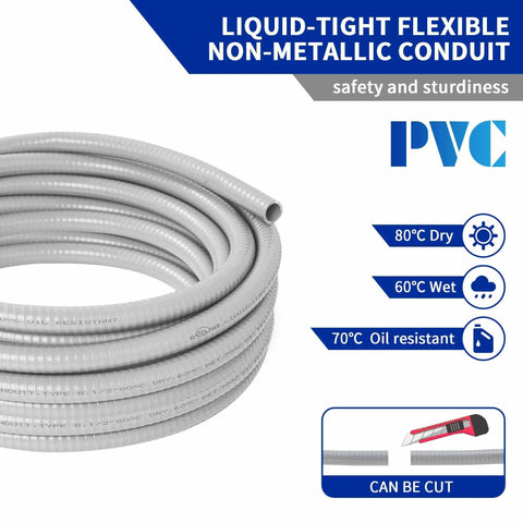 1/2 Inch Flexible PVC Liquid Tight Electrical Conduit Kit with 50 Feet of Non Metallic Outdoor Grey Wire Raceway, coiled
