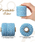 Colorful Cotton Twine Set Dope 30 Rolls Of 2mm Craft String in blue, shown in hand and dimensions, sturdy for indoor or outdoor use.