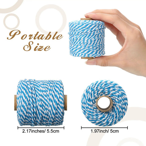 Colorful Cotton Twine Set Dope 30 Rolls Of 2mm Craft String in blue, shown in hand and dimensions, sturdy for indoor or outdoor use.