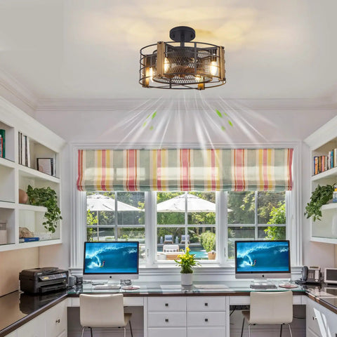 Wooden Farmhouse Ceiling Fan With Lights, Cage Style Indoor Vintage Ceiling Fan For Bedroom, Living Room, And Kitchen in a home office setting.