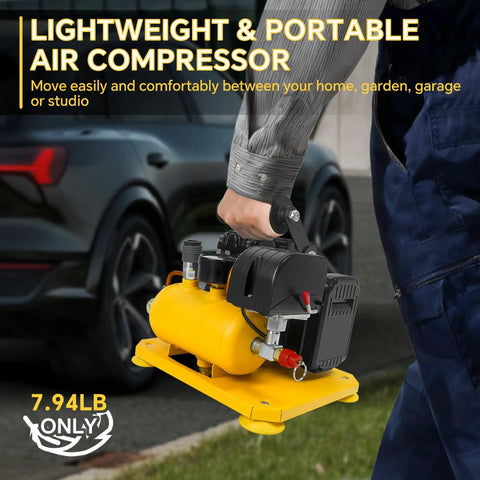 Ultra Quiet Cordless Air Compressor Compatible With DeWalt 20V Battery. Portable Oil-Free Electric Pump, 0.26 Gallon Tank, Only 65 Db Noise Level. Super Easy To Use For Tires And Sports Gear Fast Inflation Job Done Right