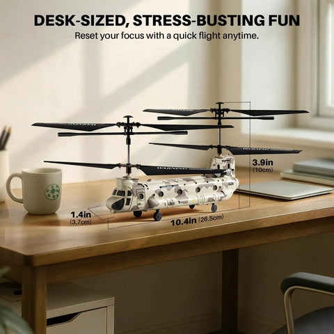 Rugged Military Transport RC Helicopter With Altitude Hold And One Key Takeoff Landing Twin Rotor Design on a desk