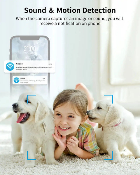 Child and two dogs monitored by 1080P Indoor Baby Cam With Audio And Night Vision Nanny And Pet Surveillance Camera With Sound