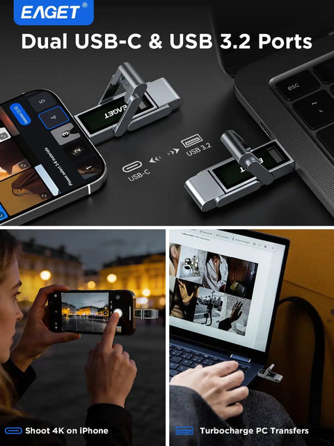 512GB USB C Dual Port USB 3.2 High Speed Flash Drive With 560MB/s Transfer connected to iPhone and laptop