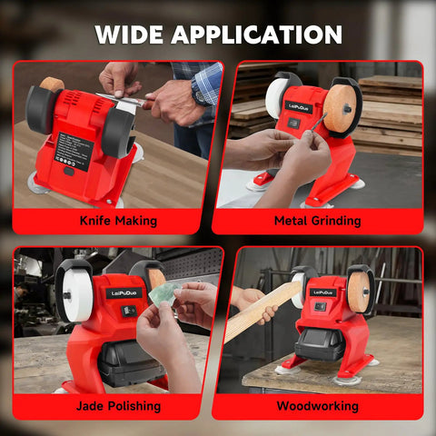 The No Fuss Cordless Mini Bench Grinder Polisher With Dual Grinding Wheels Rocking At 5500 Rpm used for knife making and metal grinding.