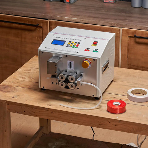 Automatic Heat Shrink Tube Cutter With Lcd Display Heavy Duty Pvc Pe Silicone Pipe Trimmer on wooden table for cutting tubes.