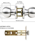 Stainless Steel Door Knob With Lock And Key For Bedroom Doors Ball Style Doorknob With Satin Nickel Finish All Metal Construction Includes Three Keys Easy Install Keeps Your Home Safe High Security 3 Year Warranty dimensions and latch details.