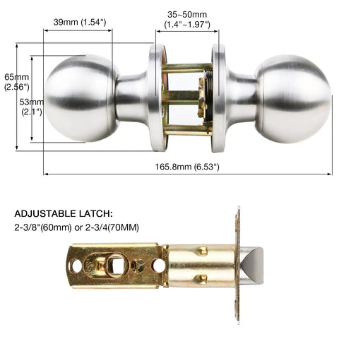 Stainless Steel Door Knob With Lock And Key For Bedroom Doors Ball Style Doorknob With Satin Nickel Finish All Metal Construction Includes Three Keys Easy Install Keeps Your Home Safe High Security 3 Year Warranty dimensions and latch details.