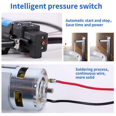 Close-up of 12V DC Fresh Water Pump With 2 Hose Clamps For Marine And Lawn Use Self Priming Sprayer Pump 85 PSI Adjustable High Pressure Diaphragm Pump 4.5 L Per Min Flow Durable PPS Construction showing intelligent pressure switch and soldered wires.