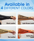 Heavy Duty Genuine Cowhide Arm Chaps And Rugged Protective Work Sleeves in black, light brown, tan, and safety orange leather.