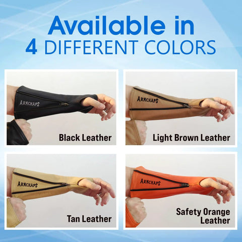 Heavy Duty Genuine Cowhide Arm Chaps And Rugged Protective Work Sleeves in black, light brown, tan, and safety orange leather.