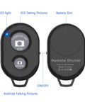 Back view of Two Pack Wireless Phone Camera Remote Shutter For iPhone And Android With Wrist Strap showing buttons and labels