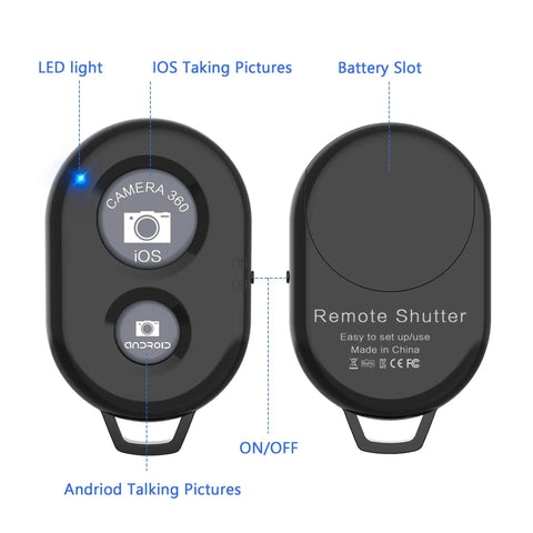 Back view of Two Pack Wireless Phone Camera Remote Shutter For iPhone And Android With Wrist Strap showing buttons and labels