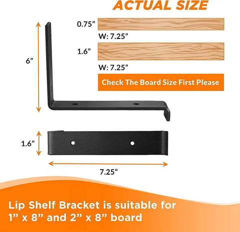 Six Pack 8 Inch Z Shelf Brackets With Lip For 7.25 Inch Boards, Heavy Duty Wall Mounted Shelf Supports, Black Finish diagram