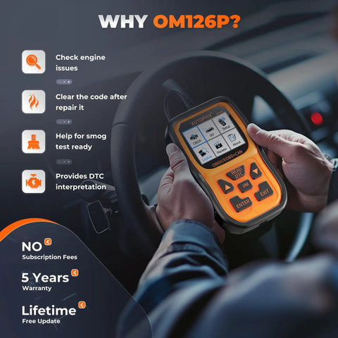 OM126P OBD2 Scanner held in hand inside car showing diagnostic features on screen.