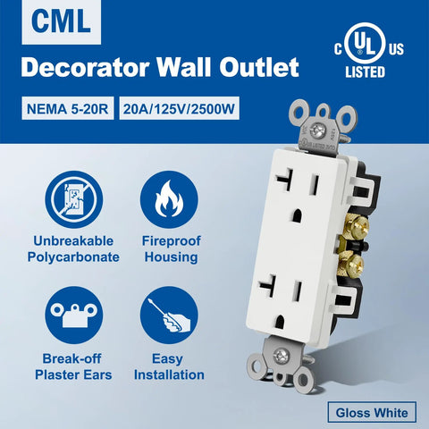 20 Pack Decorator Wall Receptacles 20A 125V Standard Electrical Outlet 2 Pole 3 Wire Non Tamper Resistant UL Listed White