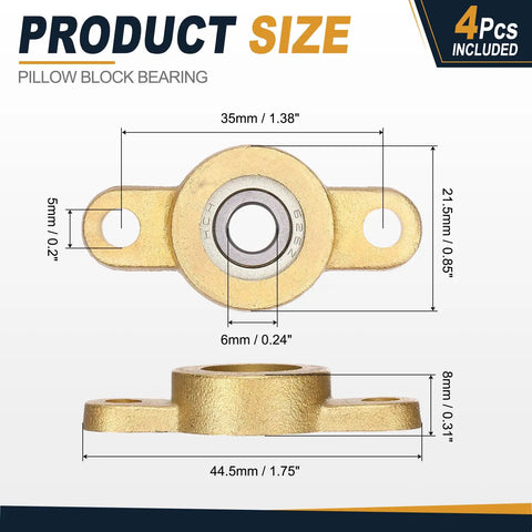 Four TF06 Pillow Block Bearings With 6mm Bore Copper Housing ABEC 3 Double Sealed For Extra Tough Shaft Support And Long Life In Small Machinery And DIY Projects, 4-pack size diagram