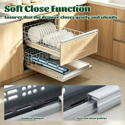 2 Pair 14 Inch Undermount Soft Close Drawer Slides With Dope Red Handles For Full Extension Concealed Rails Featuring 3D Adjustable Latch And No Sweat Install For Kitchen Or Vanity Top Shelf Glide Setup showing soft close function with cushioned damper and pulleys.