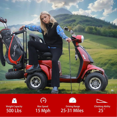 Badass Two In One Electric Golf Cart And Adult Mobility Scooter Built Ridin Different With Serious 1000 Watt Motor Smooth Sixty Volt Battery Four Wide Fat Tires And Spacious Rear Trunk For Cruisin Smooth, red color, on grassy field with golf bag.