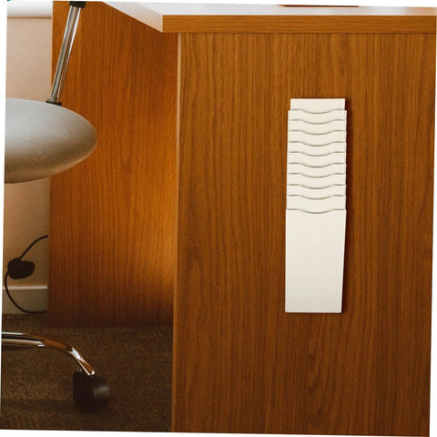 Solid Heavy Duty Expanding Rack Attendance Cards Holder With Quick Grab Slot Storage Shelf For Office Warehouse Badge Organizer Featuring No Sweat Wall Mount Setup on desk.