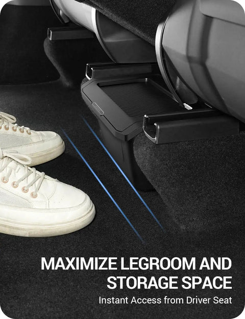 Tesla Model Y Juniper Rear Center Console Organizer With TPE Dustproof Trash Can And Anti Slip Lid under backseat view