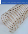 Heavy Duty Flexible Vacuum Hose Extension With Secure Clamps Puncture Resistant Polyurethane Ducting For Woodworking Shop Tools And Dryers Crushes Dust No Sweat, showing spiral design and clear tubing.