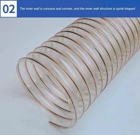 Heavy Duty Flexible Vacuum Hose Extension With Secure Clamps Puncture Resistant Polyurethane Ducting For Woodworking Shop Tools And Dryers Crushes Dust No Sweat, showing spiral design and clear tubing.