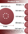 9 Inch Drywall Sanding Discs Set With Hook And Loop Backing, 8 Hole, Grits 80 100 120 180 240 400, Aluminum Oxide Abrasive For Fast Cutting