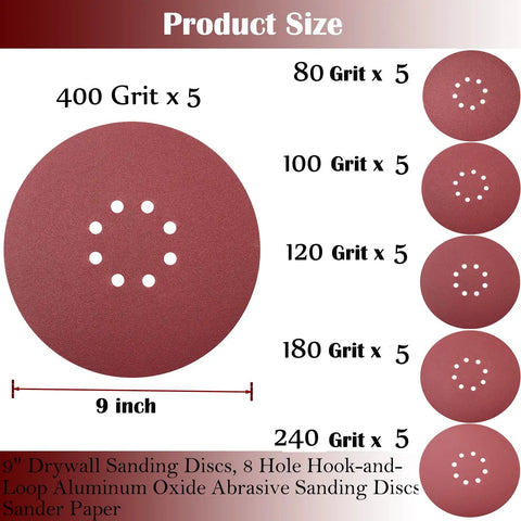 9 Inch Drywall Sanding Discs Set With Hook And Loop Backing, 8 Hole, Grits 80 100 120 180 240 400, Aluminum Oxide Abrasive For Fast Cutting
