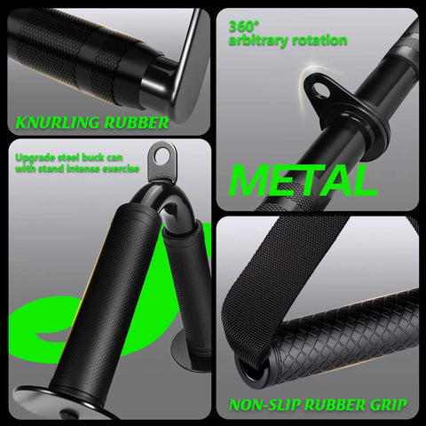 Close-up of Lat Pulldown Attachments Set for Home Gym with metal bars and rubber grips showing non-slip texture and 360-degree rotation