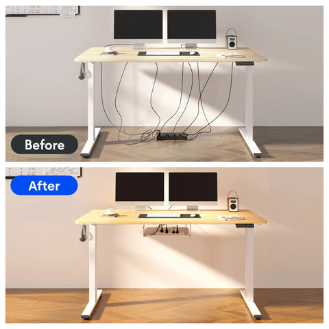 Before and after image of Whole Piece Standing Desk With Clamp Power Strip, 55 Inch By 28 Inch Electric Height Adjustable Desk With Cable Management