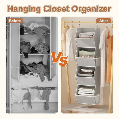 No Stress Hanging Closet Organizer With Four Collapsible Shelves And Hella Roomy Mesh Storage Pockets For Sorting Bedroom Threads And Shoes Neatly In Sleek Grey Finish