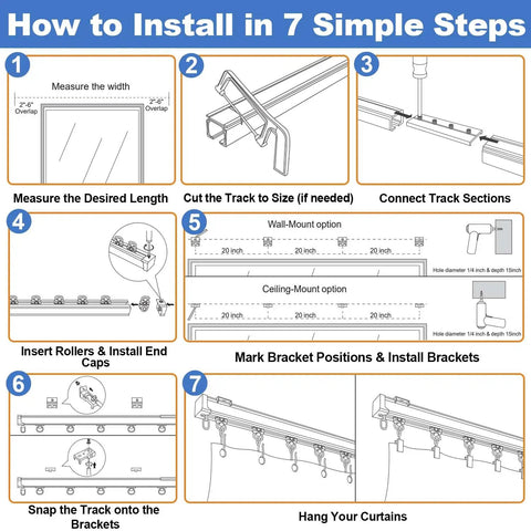 Heavy Duty Ceiling And Wall Mounted Curtain Track System With Roller Hooks And Sliding Rails White 3Ft To 6Ft Aluminum Alloy Durable Curtain Rail Set For Home Upgrade Built To Last installation steps diagram