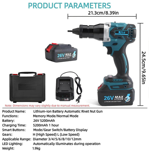 Total Badass Cordless Automatic Rivet Nut Gun With Brushless Motor And Portable Blind Riveting Tool Kit For M3 To M12 Sizes featuring battery and charger.