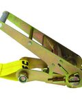 Built Tough As Nails 3 Inch Wide X 20 Feet Yellow Ratchet Straps With Wire Hook 108 Count Pallet heavy duty ratchet mechanism close-up.