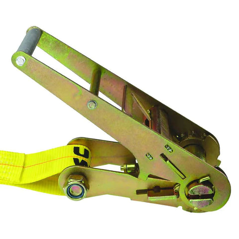 Built Tough As Nails 3 Inch Wide X 20 Feet Yellow Ratchet Straps With Wire Hook 108 Count Pallet heavy duty ratchet mechanism close-up.